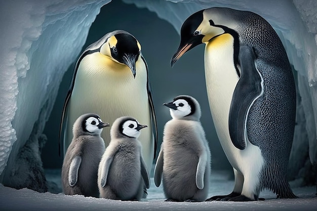 Pinguïnfamilie in een sneeuwgrot