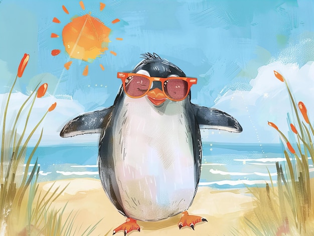 Pinguïngrafiek met spetterend water en zon illustratie Plezier en vakantie concept