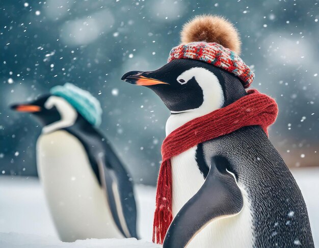 Foto pinguino abrigado con bufanda y gorro de lana mientras cae la nieve