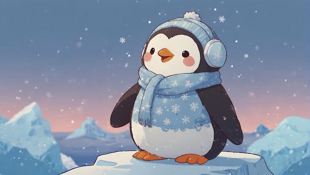 Photo pinguino kawaii con orejeras y sueter de copos de nieve en iceberg