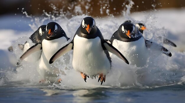 Pinguïns die in het water rennen, ze spelen in het water