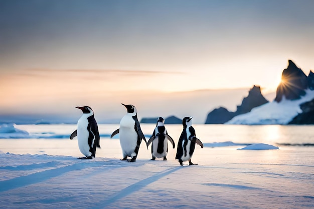 Pinguïns die op het ijs in Antarctica lopen