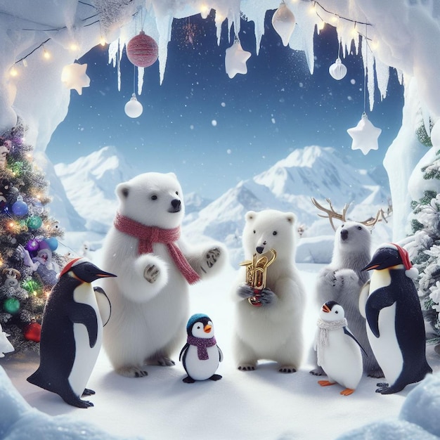 pinguïns en ijsberen die Kerstmis vieren in de Arctische kerstachtergrondafbeeldingen