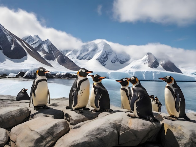 Pinguïns ontspannen op een rots met bergachtergrond