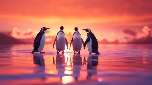 Foto pinguïns op het water bij zonsondergang