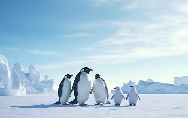 Foto pinguïns staan in de sneeuw met de zon achter hen.