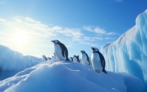 pinguïns staan op het ijs met een die door elkaar wordt vastgehouden