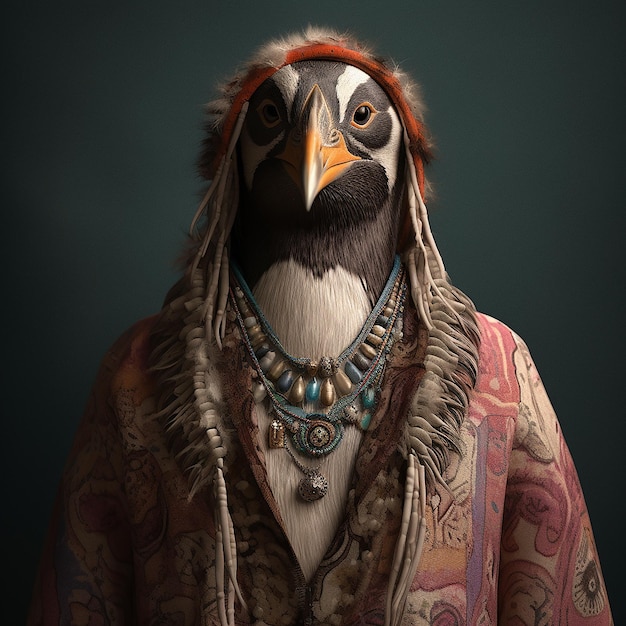 pinguïnvogel in boho bohemian middeleeuwse hippie-outfit met surrealistische kralen