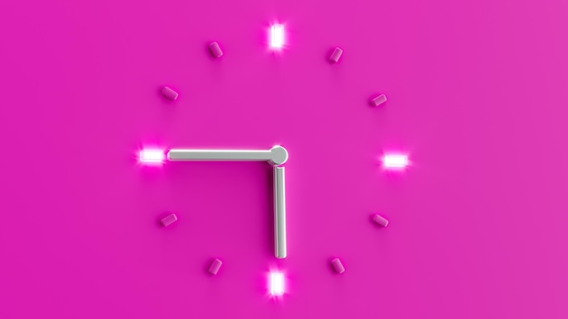 Pink 3d Clock Time 15 minutes to 6 o'clock pm am 5 45 time Silver needle backlit 3d illustration