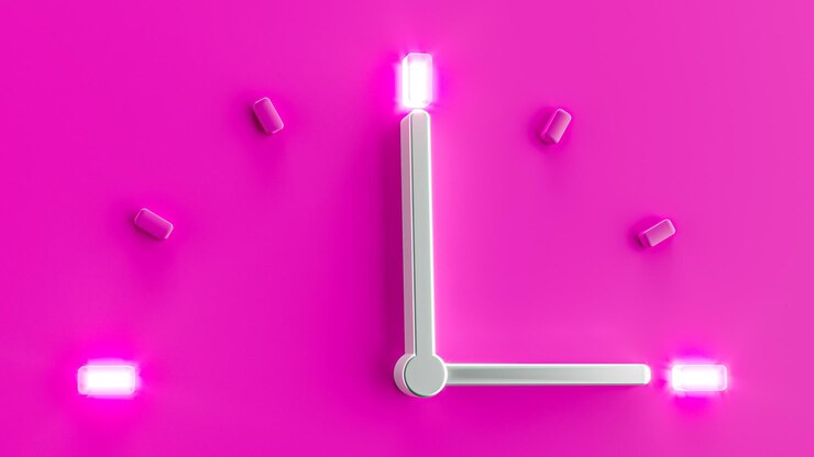 Pink 3d Clock Time 3 o Clock pm am Silver needle backlit dial light 3d illustration