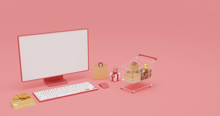 Фотография розовая 3d-иллюстрация онлайн-покупки с помощью кредитной карты концепция пустой экрана пк с подарочной коробкой