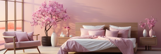 Pink 3d minimalist bedroom interior in barbie style No people Banner