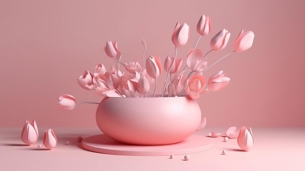 Pink 3d podium on stone background with sakura pink flower Generative ai