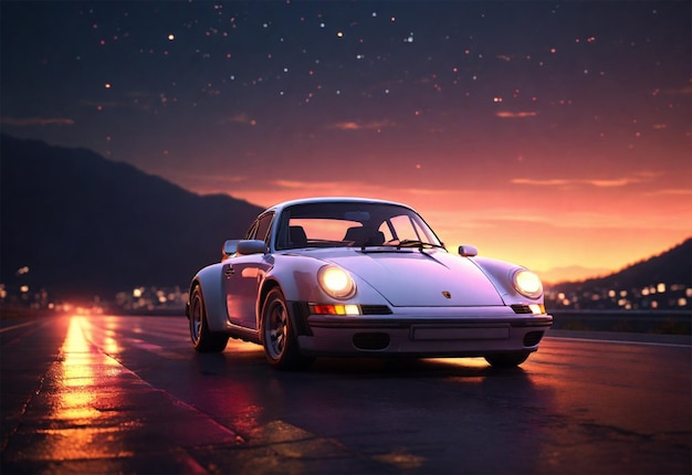 Pink 80s Porsche on the wet road with a nice sunset in the background