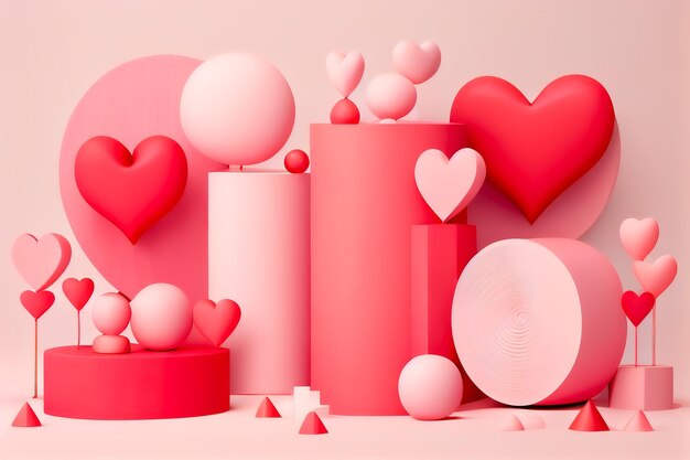 Pink abstract background 3d cylinders and red hearts Generative AI Generative AI