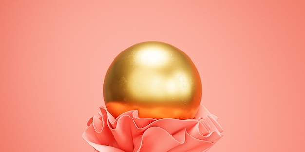 Pink abstract background with folds or ribbon waves and golden sphere 3d render