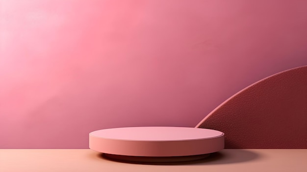 成形された表面とトレイを備えたテーブル上のピンクの抽象的な壁面