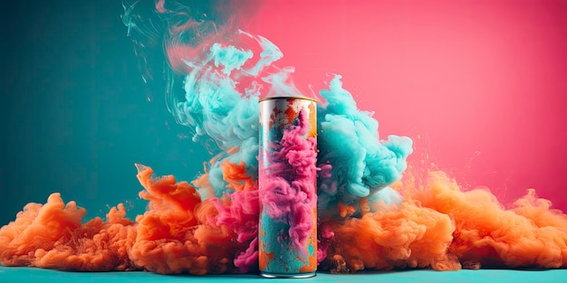 Pink aerosol can releasing a cloud of light orange and teal powders ai generated