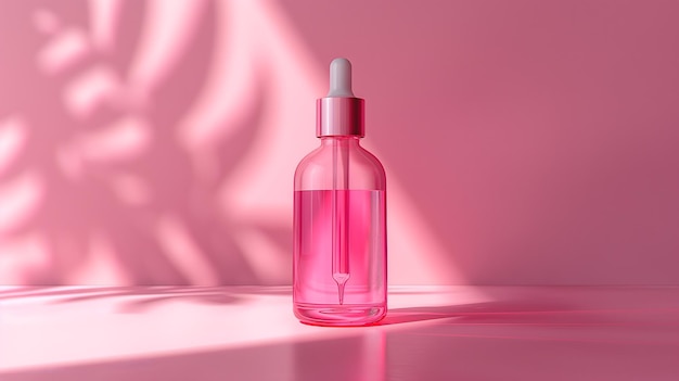 Розовая эстетическая бутылка косметического сыворотки на текстурированном фоне