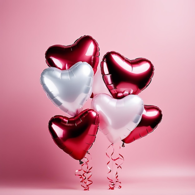 розовые воздушные шары в форме сердца с розовым фоном