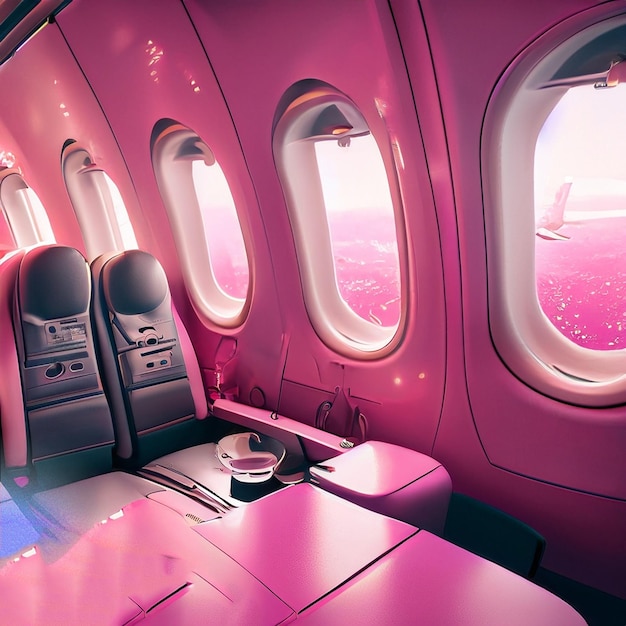 A pink airplane with the windows open and a pink airplane in the background.