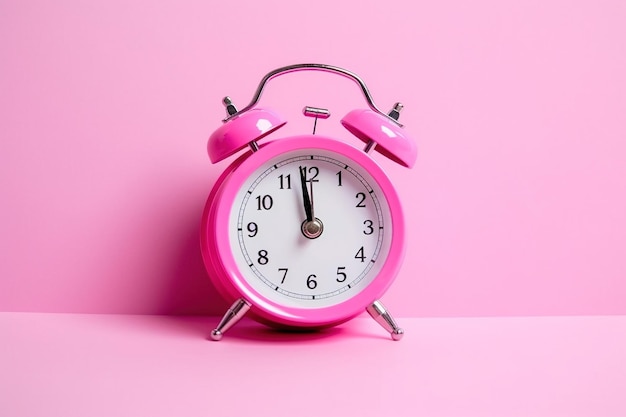 Pink alarm clock on a pink background with copy space