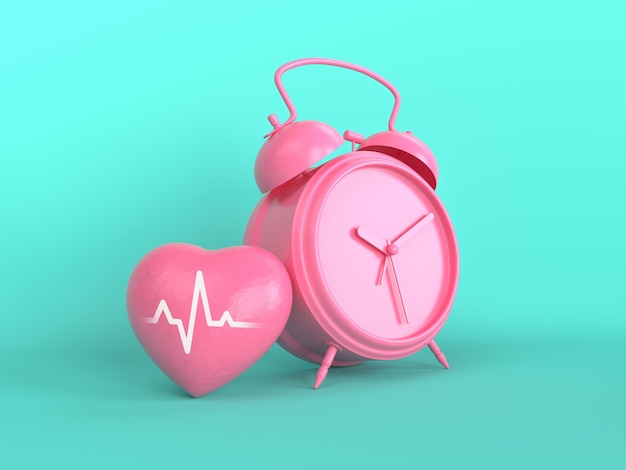 Розовый будильник с сердцем на зеленом фоне 3d рендеринг иллюстрации