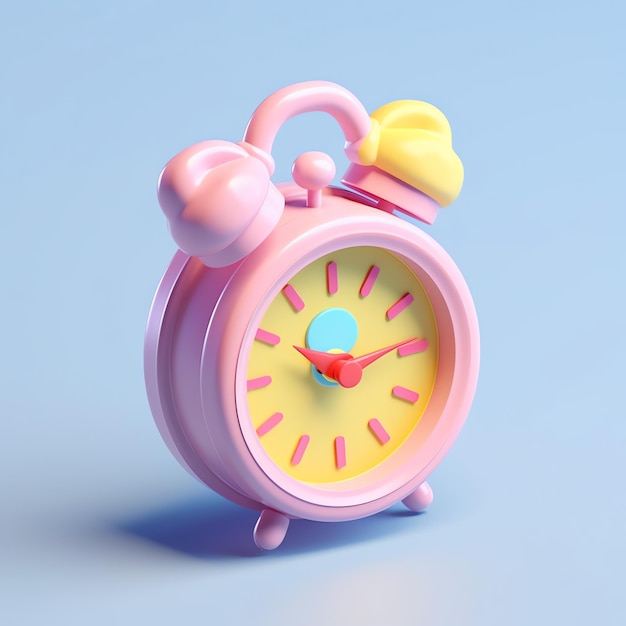 A pink alarm clock with yellow hands