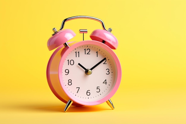 A pink alarm clock with yellow hands