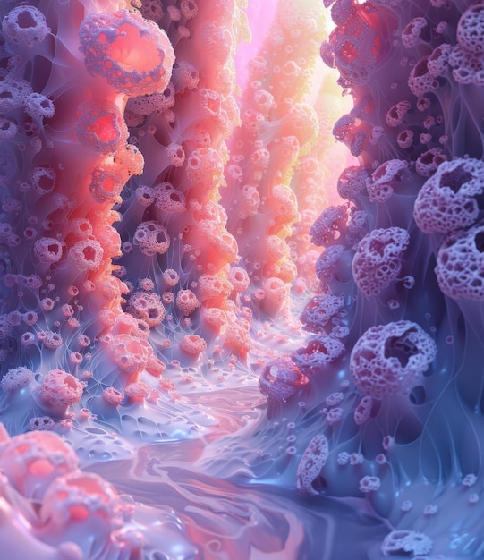 Pink alien cave with a river