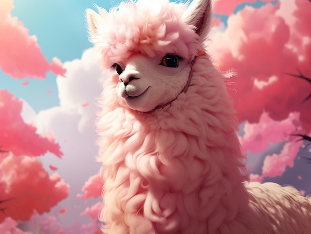 Photo pink alpaca among pink clouds