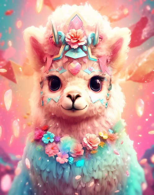 A pink alpaca with colorful flowers on its head