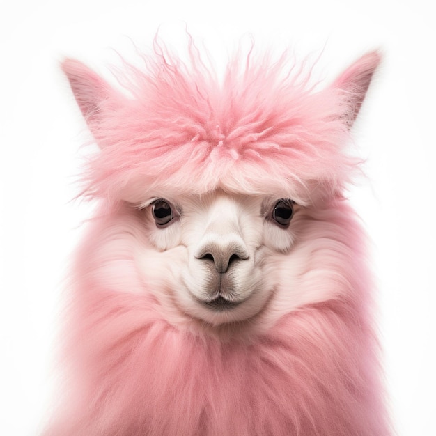 Photo a pink alpaca with a fluffy coat looks directly at the camera against a white background