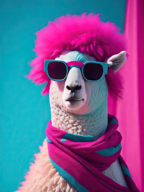 Pink alpaca with sunglasses and a scarf ai generative