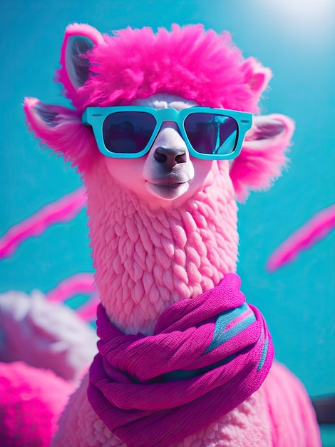 Photo pink alpaca with sunglasses and a scarf ai generative