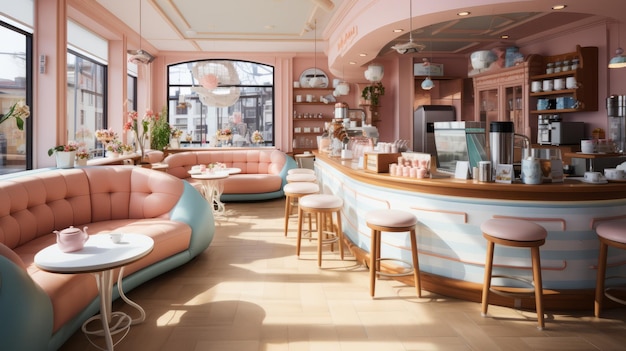 写真 ピンクと青のパステルカラーパレット カフェのインテリアデザイン