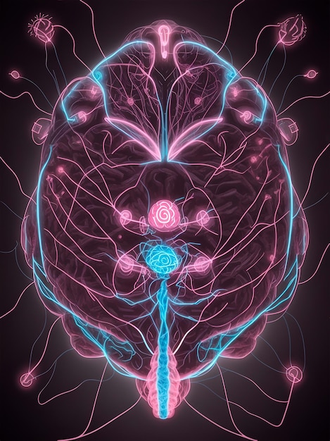 Фото Розовые и светло-голубые светящиеся линии в форме мозга на темном фоне