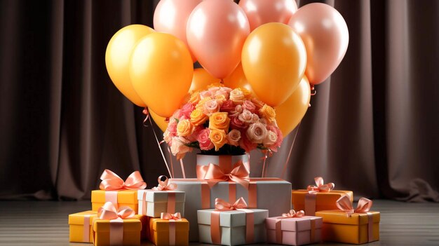 写真 ピンクと黄色の誕生日デコレーション バルーンとプレゼント 祝賀の背景に最適なプレゼント 赤いリボンでプレゼントボックスとプレゼントステージ