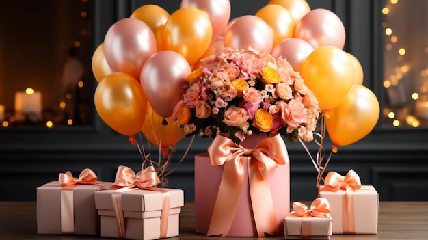 Фото Розовая и желтая декорация дня рождения с воздушными шарами подарки идеально подходят для празднования фона подарочной коробки с красной лентой и подарочной сценой