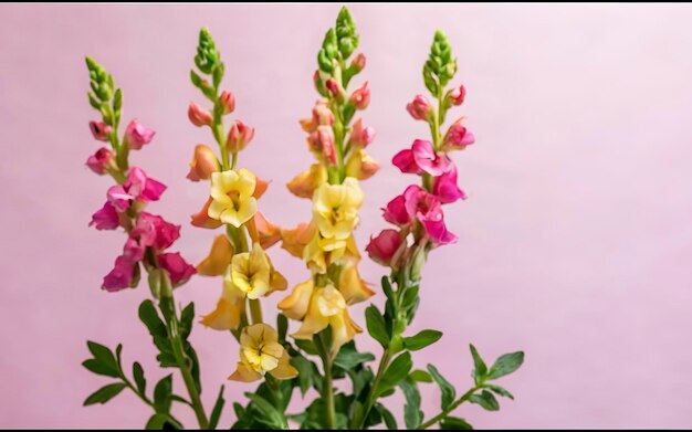 Фото Розовые и желтые цветы snapdragon или antirrhinum majus на кремовом и розовом фоне