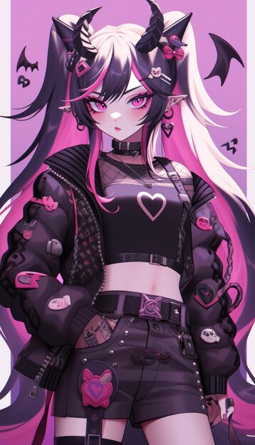 Pink anime girl in a pink outfit with hearts on her neck in the style of health goth