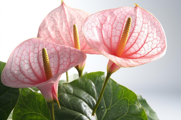 白地に緑の葉とピンクのアンスリウムの花