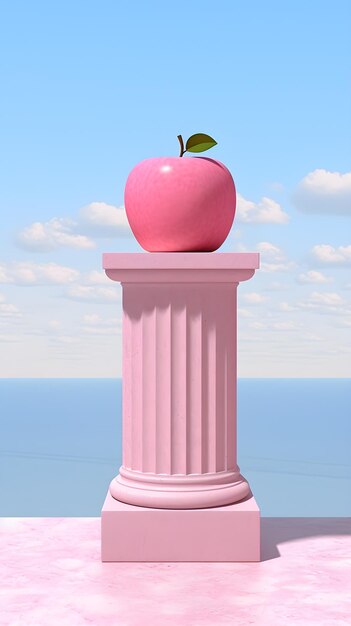 A pink apple on a column with a blue sky in the background