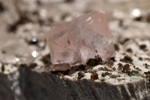 pink aragonite fluorite crystal close up quartz