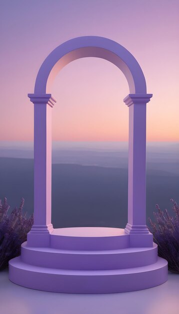 Foto un podio ad arco rosa con vista sul tramonto