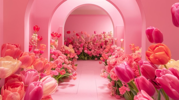 Pink arched cardboard panel flower backdrop radiant light ai created