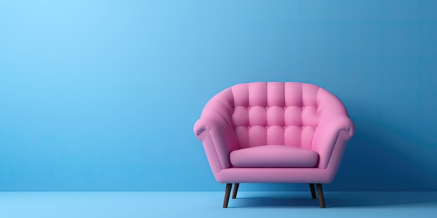 Pink armchair on a blue background Minimalism Place for text Generative AI