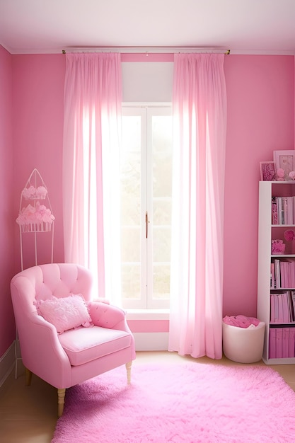 Розовое кресло у окна на пушистом ковре Часть интерьера розовой спальни для девушки, сгенерированная ИИ