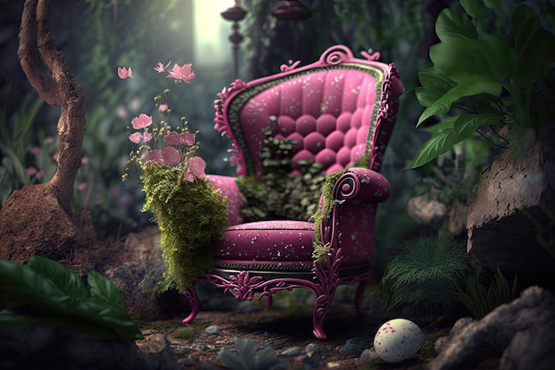 Pink armchair in a fairy garden