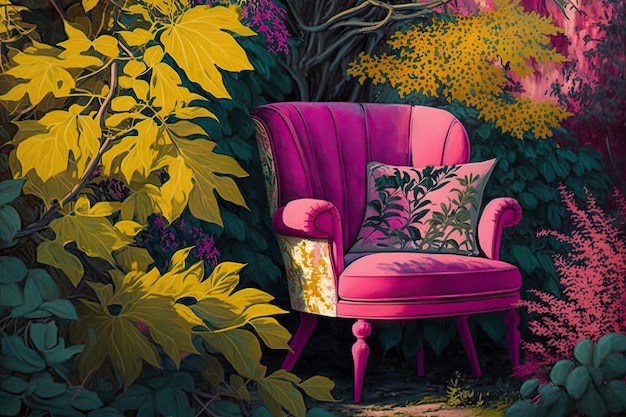 제너레이티브 AI로 만든 햇볕이 잘 드는 정원에서 녹색과 노란색 단풍 사이에 있는 분홍색 안락의자